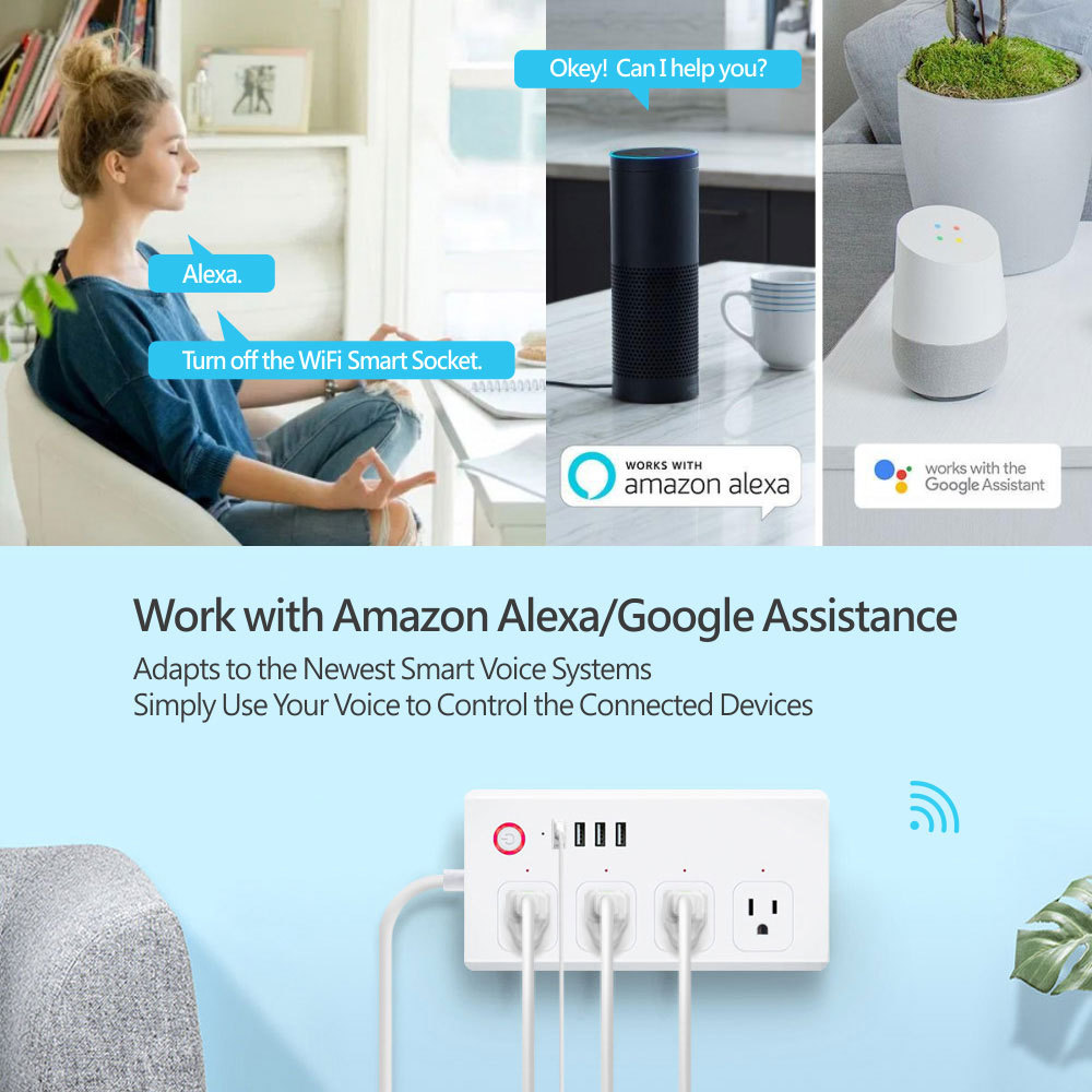 Tuya Smart WiFi US Power Strip with 4 Outlets, 2 USB & 2 Type-C Fast Charging Ports, Voice Control Smart Plug
