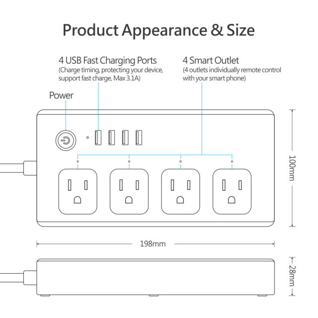 Tuya Smart WiFi US Power Strip with 4 Outlets, 2 USB & 2 Type-C Fast Charging Ports, Voice Control Smart Plug