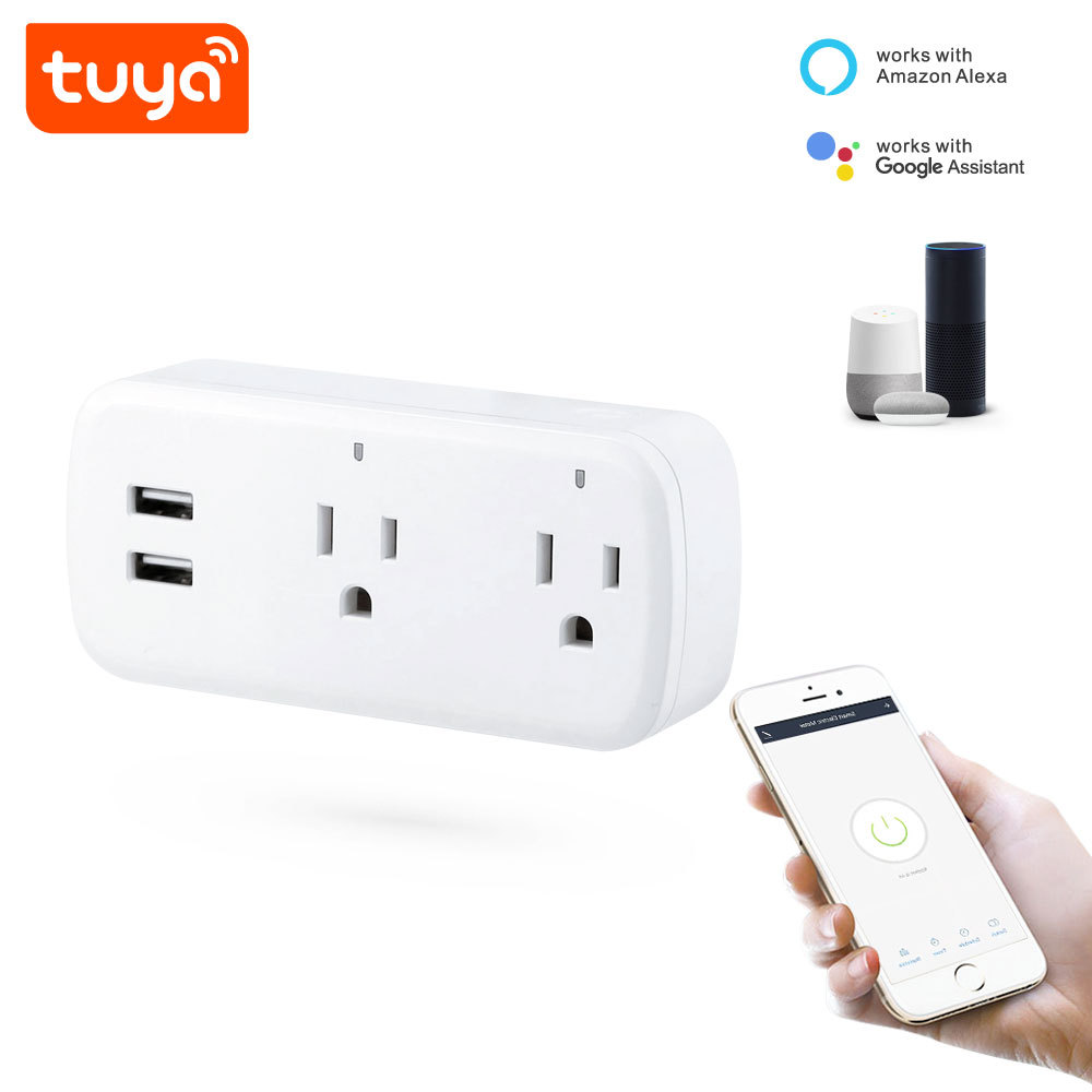 Tuya Smart WiFi US Dual Outlet Socket Plug with USB - Remote/Voice Control