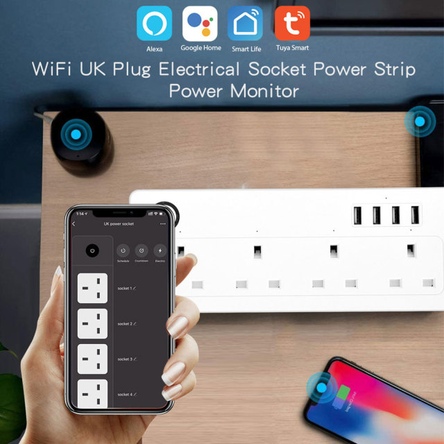 Tuya Smart WiFi UK 4-Outlet Sokcet Plug with USB - Remote App Control/Voice Control