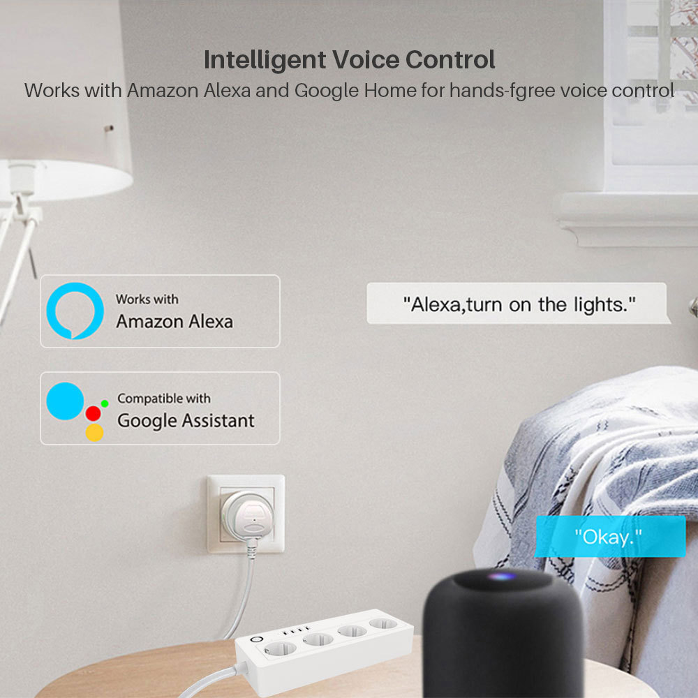 Tuya Smart WiFi EU 4-Outlet Sokcet Plug with USB - Remote App Control/Voice Control