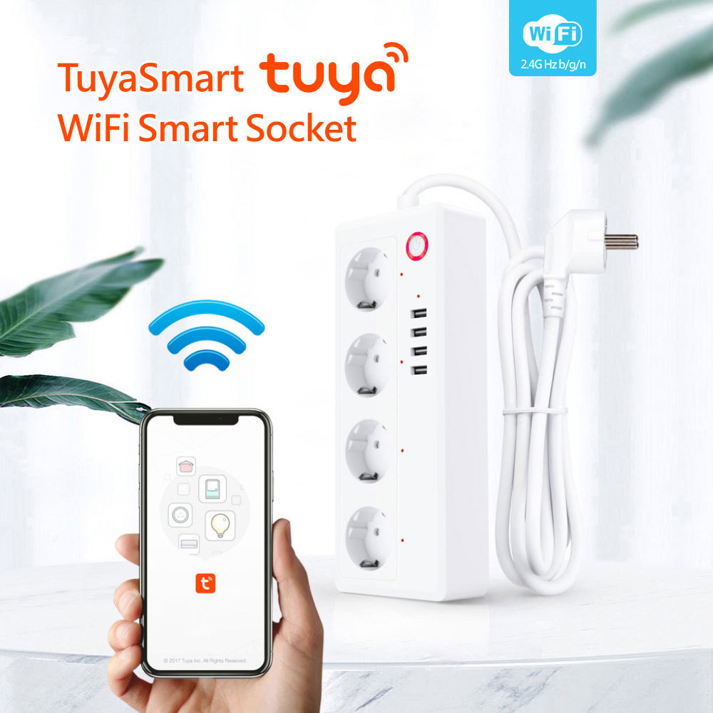 Tuya Smart WiFi EU 4-Outlet Sokcet Plug with USB - Remote App Control/Voice Control