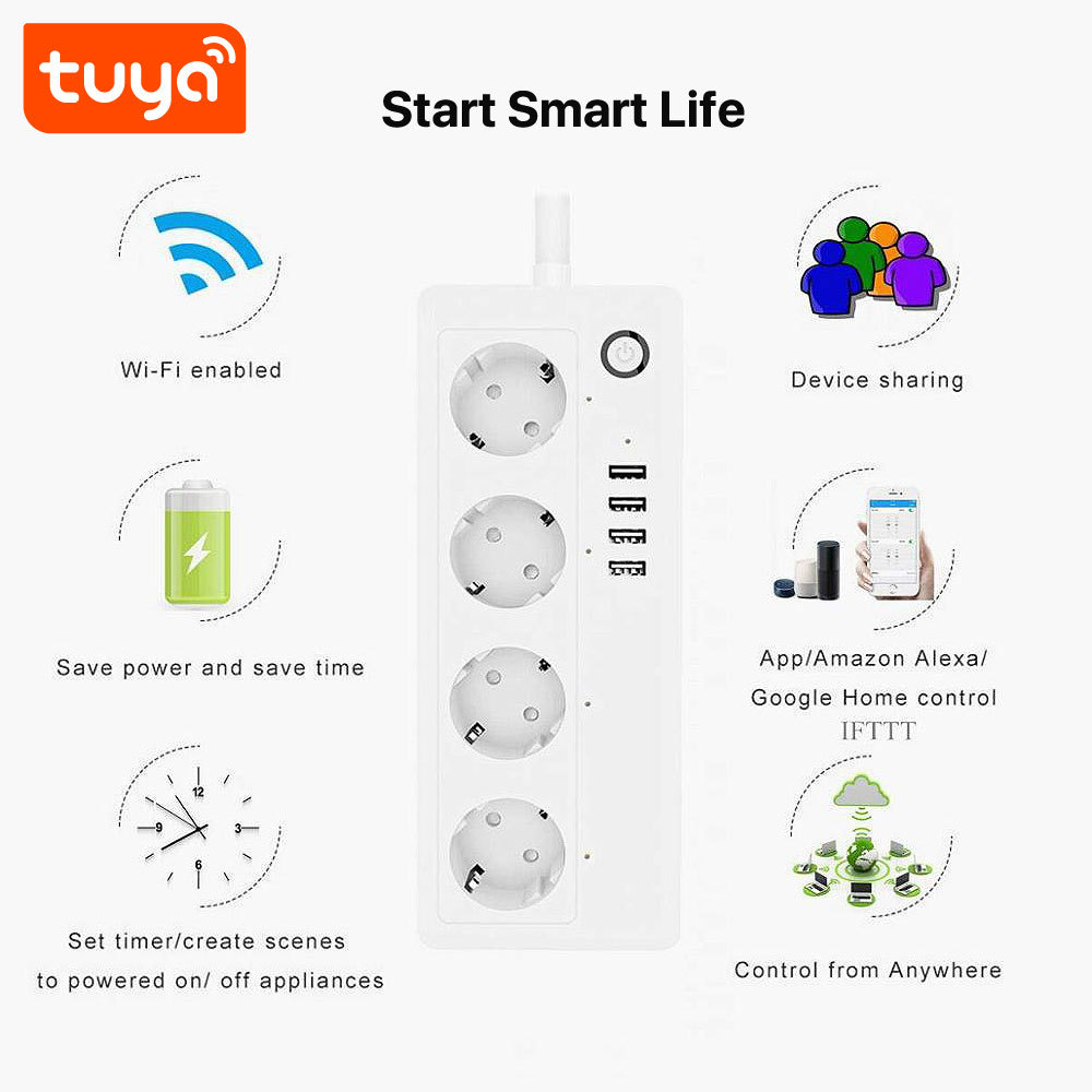 Tuya Smart WiFi EU 4-Outlet Sokcet Plug with USB - Remote App Control/Voice Control