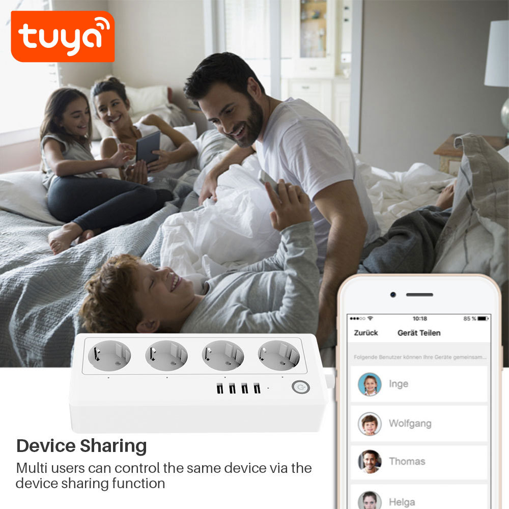 Tuya Smart WiFi EU 4-Outlet Sokcet Plug with USB - Remote App Control/Voice Control