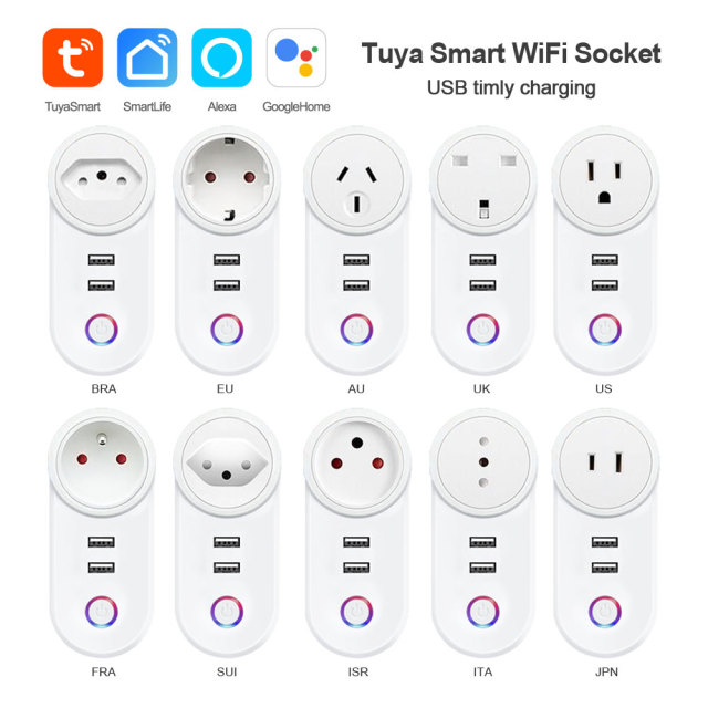 Tuya Smart WiFi Socket with 2 USB Ports - Worldwide Plug Standards, App/Voice Control, Alexa/Google Home Compatible