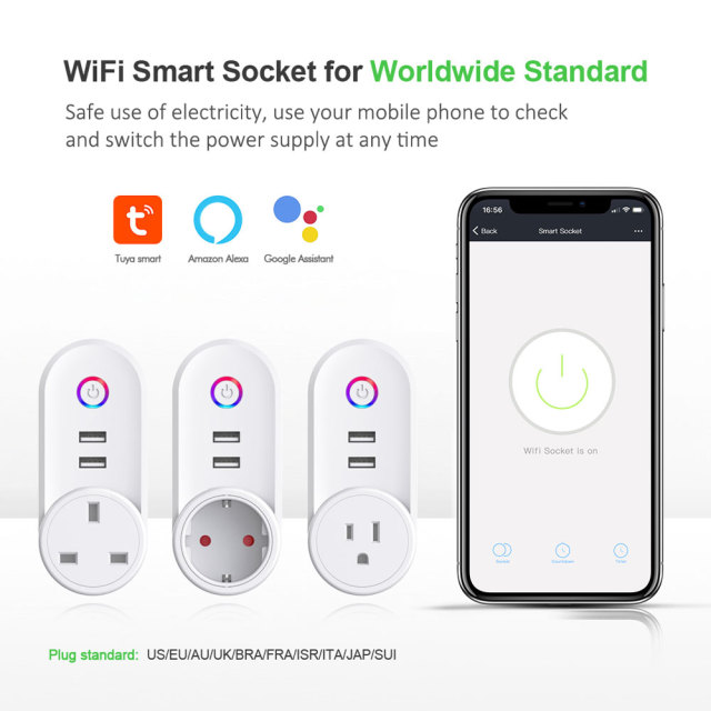Tuya Smart WiFi Socket with 2 USB Ports - Worldwide Plug Standards, App/Voice Control, Alexa/Google Home Compatible