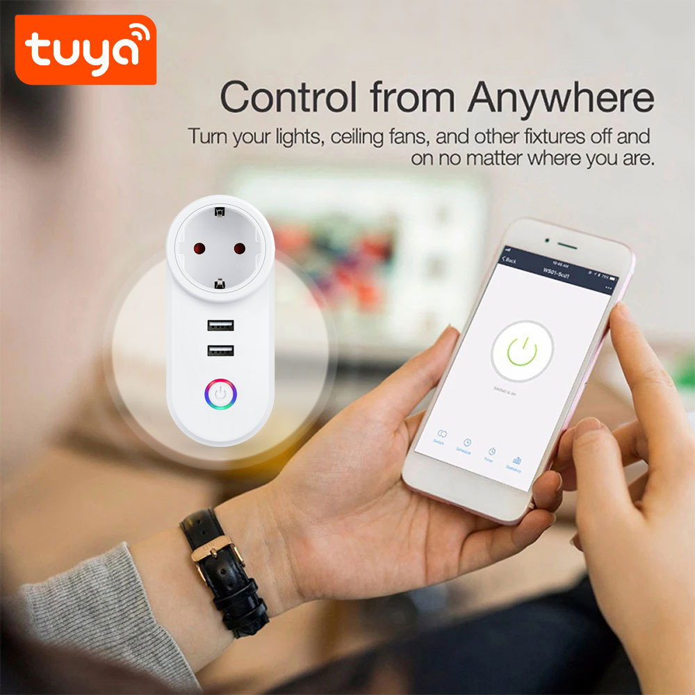Tuya Smart WiFi Socket with 2 USB Ports - Worldwide Plug Standards, App/Voice Control, Alexa/Google Home Compatible