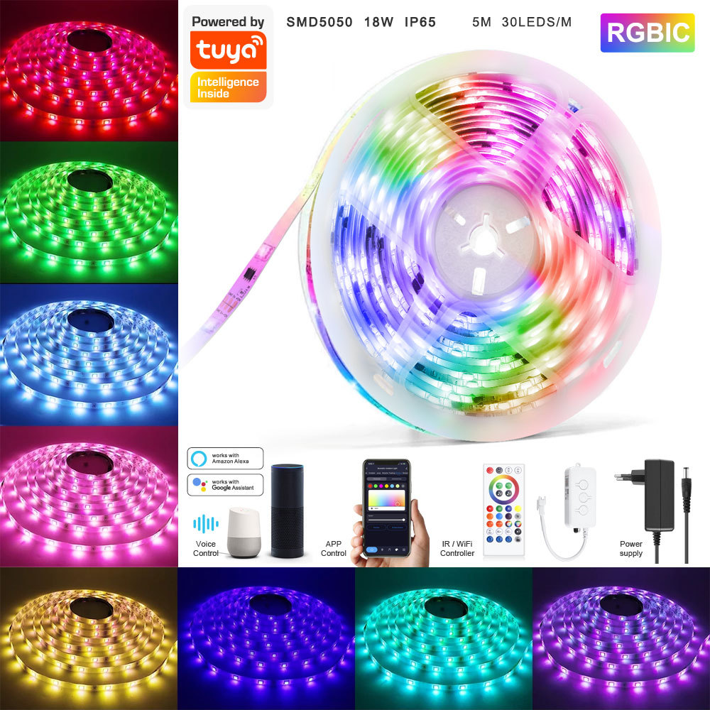 Tuya Smart WiFi RGB-IC LED Strip Kit 5M - IR/WiFi Control, Magic Color, Music Sync, App/Voice Control (Alexa/Google Home), RGB-IC Lighting