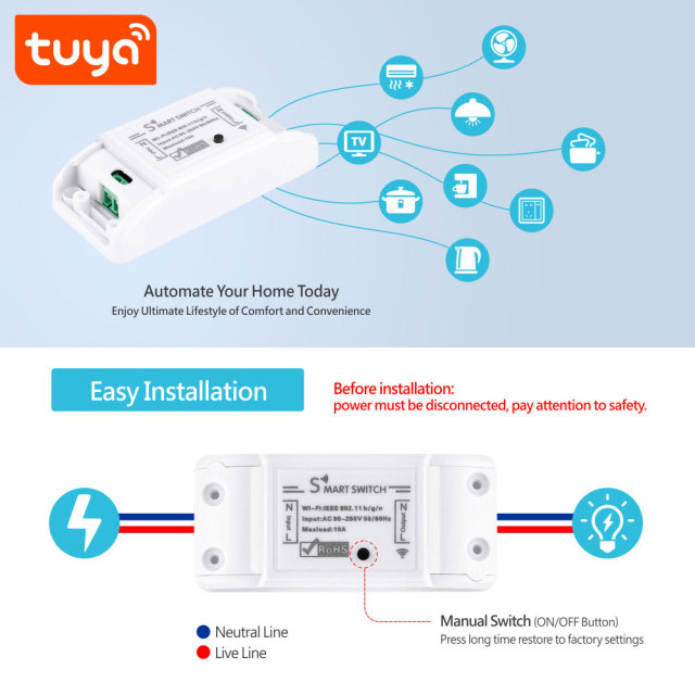 Tuya Smart WiFi Smart Switch - 1CH, App/Voice Control, Alexa/Google Home Compatible, Easy DIY Installation