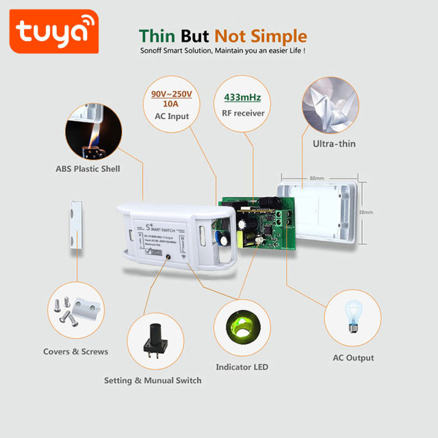 Tuya Smart 1CH WiFi Smart Switch with Metering & RF 433Mhz - App/Voice Control, Alexa/Google Home Compatible, Energy Monitoring