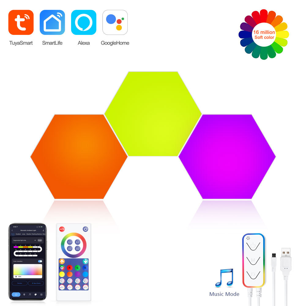 Tuya Smart RGBIC WiFi Hexagon Light 3PCS - Music Sync, Alexa/Google Assistant, DIY Modular Ambient Lighting