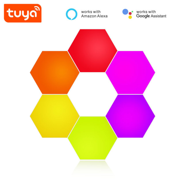 Tuya Smart WiFi RGBIC Hexagon Lights - 6PCS Modular LED Panels with Voice Control (Alexa/Google), Music Sync & DIY Splicing for Gaming Room Decor
