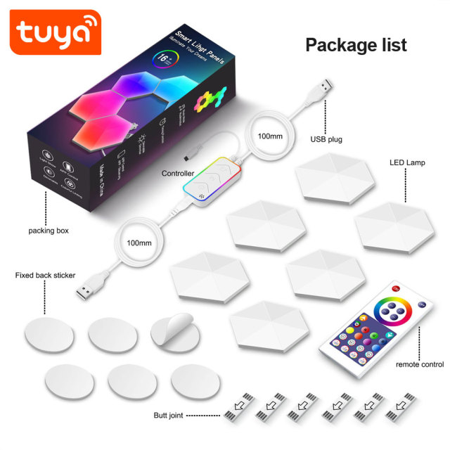 Tuya Smart WiFi RGBIC Hexagon Lights - 6PCS Modular LED Panels with Voice Control (Alexa/Google), Music Sync & DIY Splicing for Gaming Room Decor