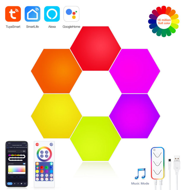 Tuya Smart WiFi RGBIC Hexagon Lights - 6PCS Modular LED Panels with Voice Control (Alexa/Google), Music Sync & DIY Splicing for Gaming Room Decor
