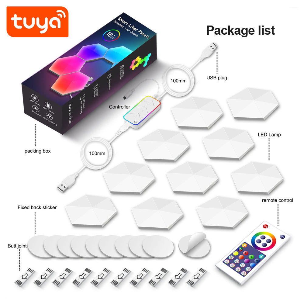 Tuya Smart WiFi RGBIC Hexagon Lights 10PCS - Modular LED Panels with Alexa/Google Voice Control, Music Sync & DIY Splicing for Home/Gaming Room Decor