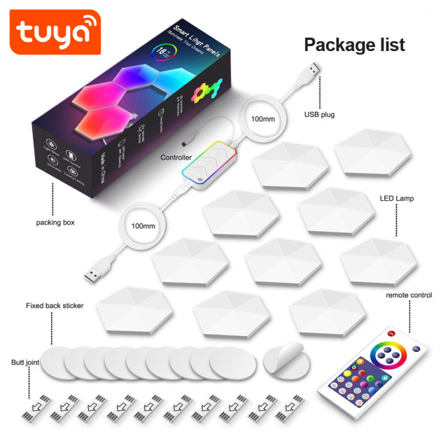 Tuya Smart WiFi RGBIC Hexagon Lights 10PCS - Modular LED Panels with Alexa/Google Voice Control, Music Sync & DIY Splicing for Home/Gaming Room Decor