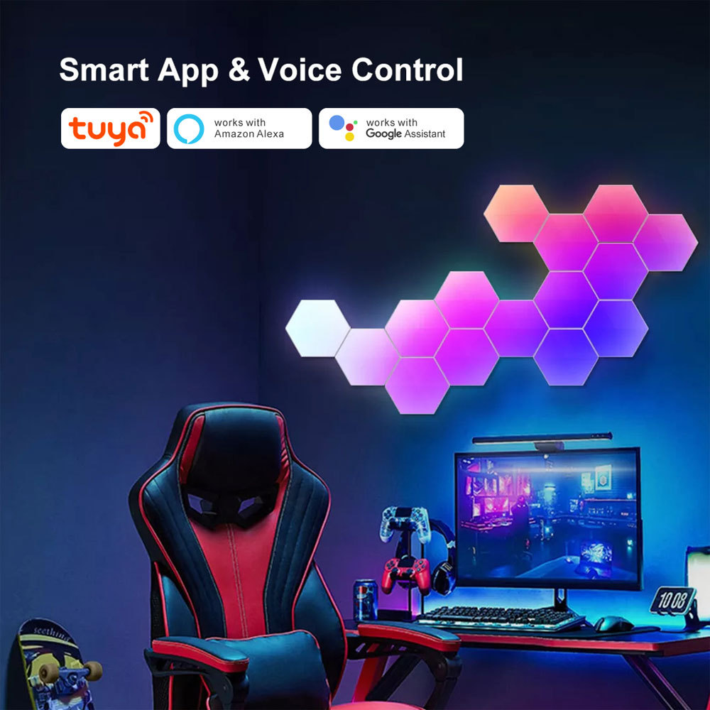 Tuya Smart WiFi RGBIC Hexagon Lights 10PCS - Modular LED Panels with Alexa/Google Voice Control, Music Sync & DIY Splicing for Home/Gaming Room Decor