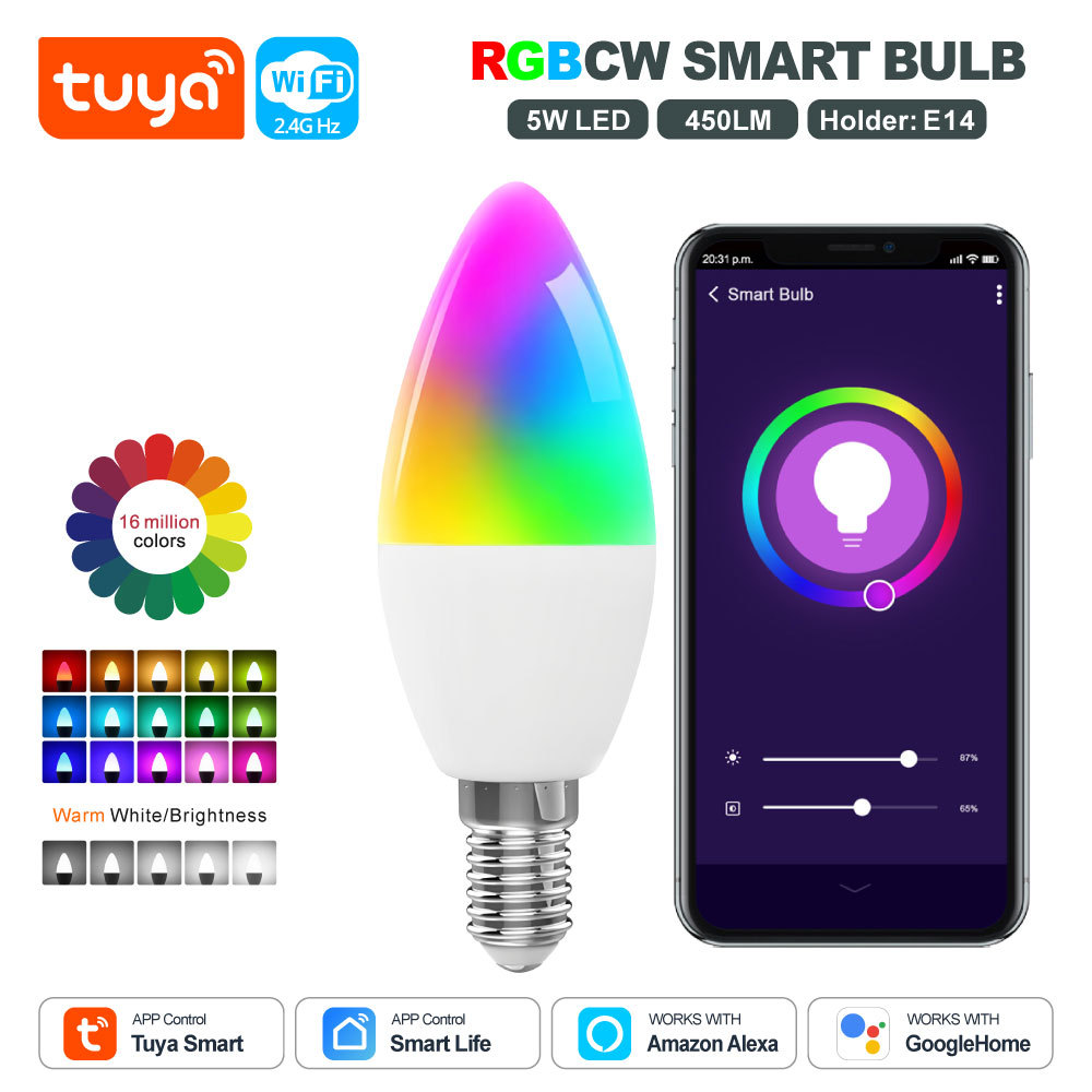 Tuya Smart WiFi RGBCW E14 Candle LED Bulb - 5W Dimmable, Alexa/Google Control, 16M Colors for Smart Home Lighting