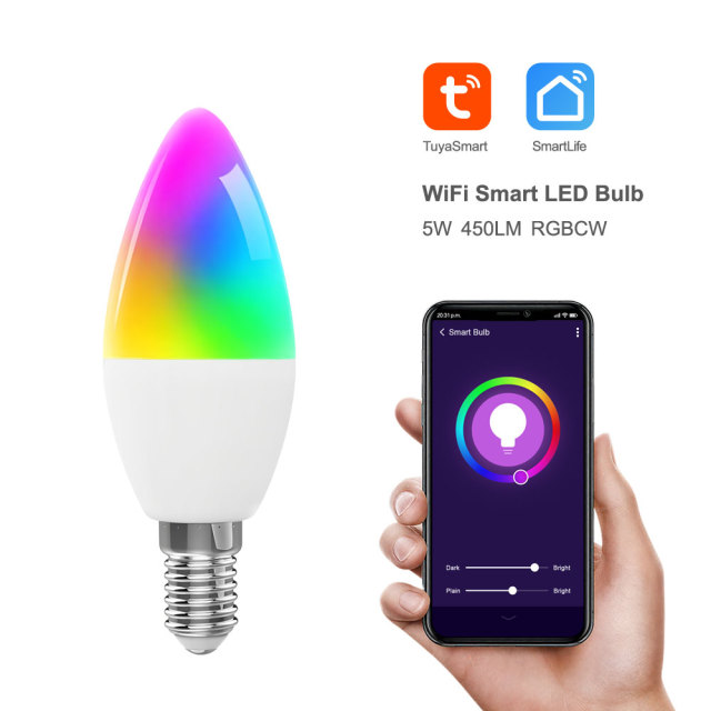 Tuya Smart WiFi RGBCW E14 Candle LED Bulb - 5W Dimmable, Alexa/Google Control, 16M Colors for Smart Home Lighting