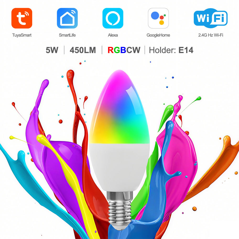 Tuya Smart WiFi RGBCW E14 Candle LED Bulb - 5W Dimmable, Alexa/Google Control, 16M Colors for Smart Home Lighting