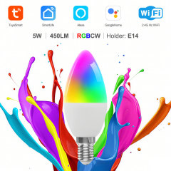 Tuya Smart WiFi RGBCW E14 Candle LED Bulb - 5W Dimmable, Alexa/Google Control, 16M Colors for Smart Home Lighting