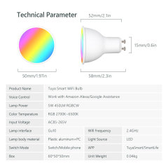 Tuya Smart WiFi RGBCW GU10 Bulb - 5W Dimmable LED, Alexa/Google Voice Control, 16M Colors & Scene Modes for Smart Home Lighting