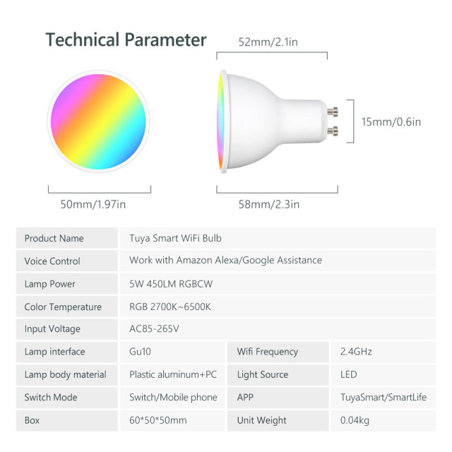 Tuya Smart WiFi RGBCW GU10 Bulb - 5W Dimmable LED, Alexa/Google Voice Control, 16M Colors & Scene Modes for Smart Home Lighting