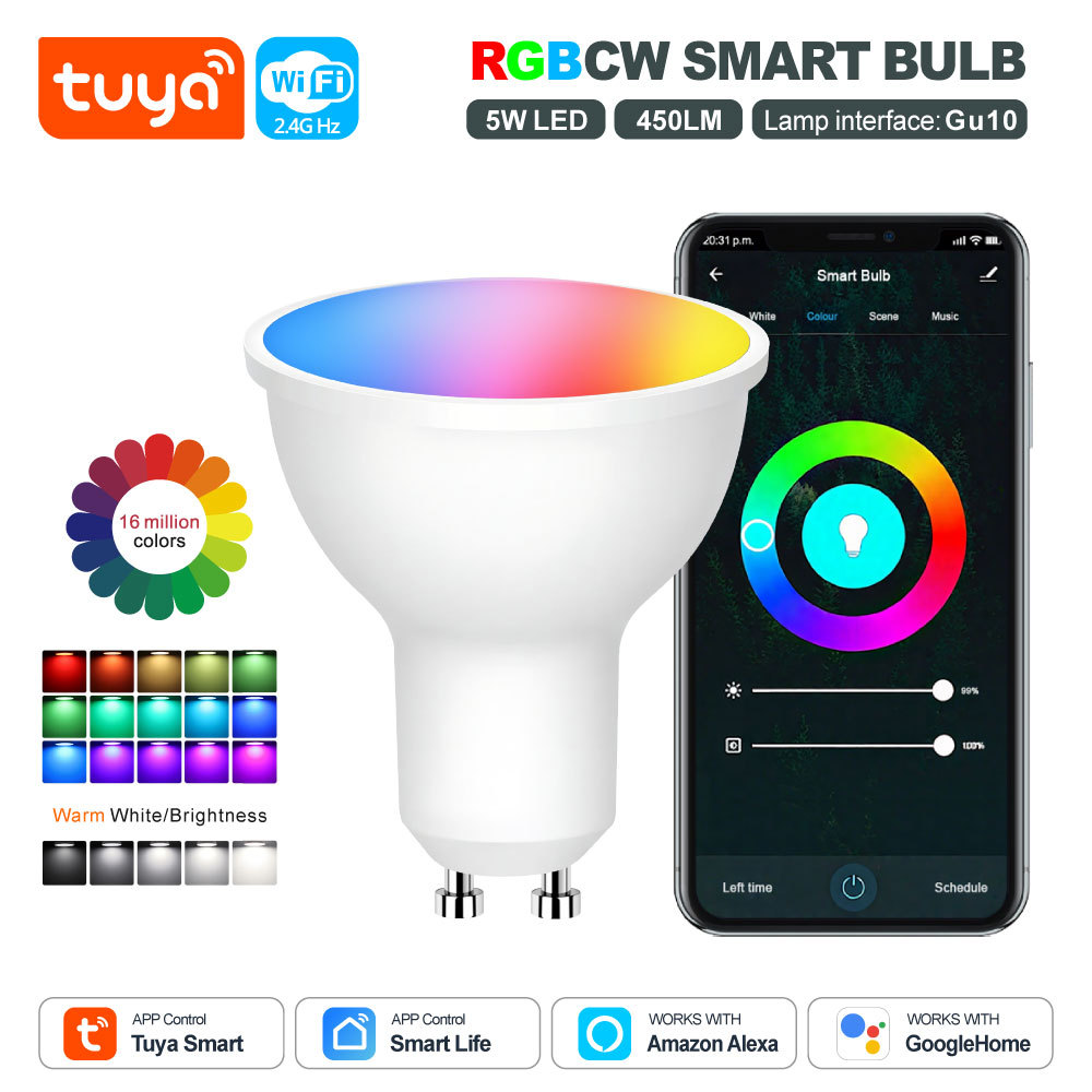 Tuya Smart WiFi RGBCW GU10 Bulb - 5W Dimmable LED, Alexa/Google Voice Control, 16M Colors & Scene Modes for Smart Home Lighting