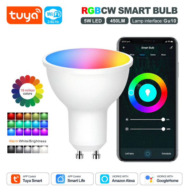 Tuya Smart WiFi RGBCW GU10 Bulb - 5W Dimmable LED, Alexa/Google Voice Control, 16M Colors & Scene Modes for Smart Home Lighting