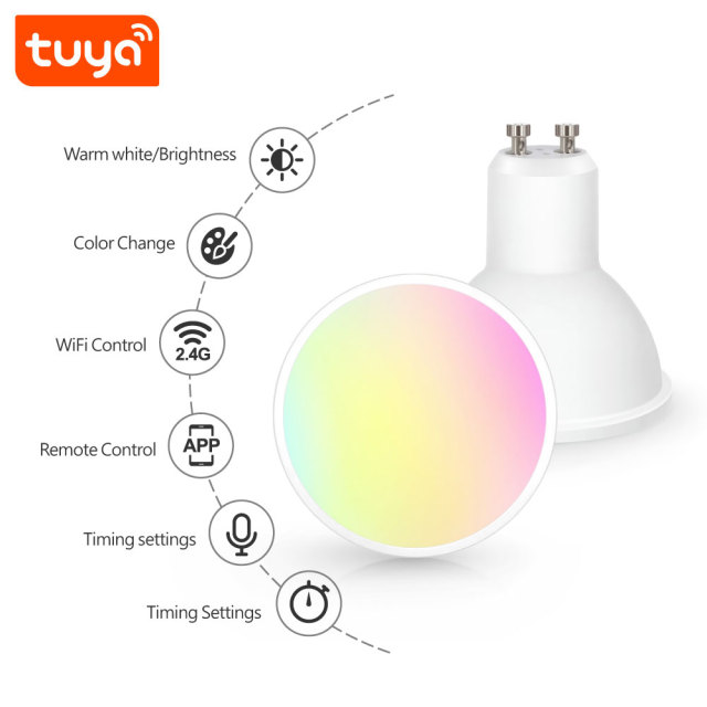 Tuya Smart WiFi RGBCW GU10 Bulb - 5W Dimmable LED, Alexa/Google Voice Control, 16M Colors & Scene Modes for Smart Home Lighting