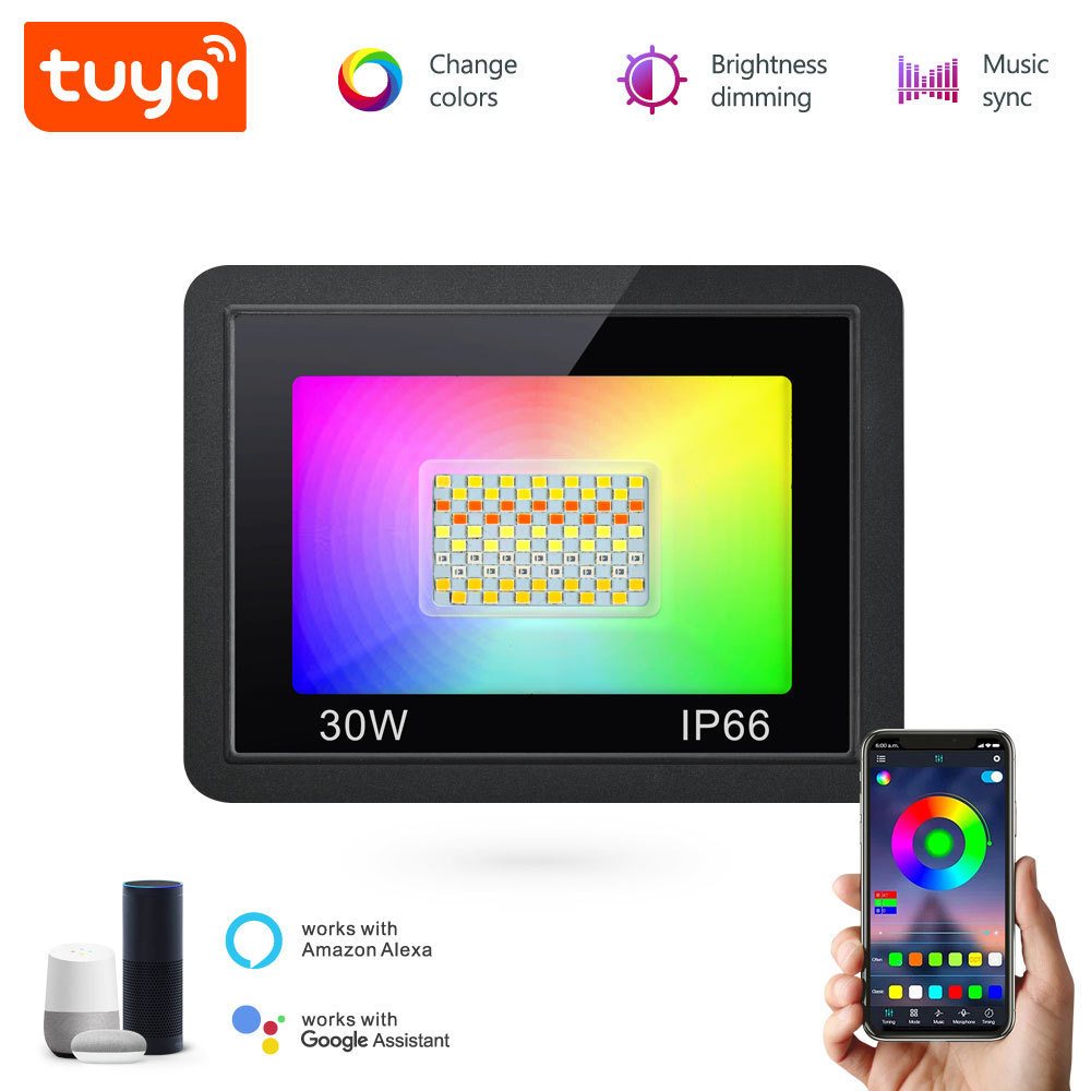Tuya Smart WiFi LED Floodlight, IP66 Outdoor, 30W RGBCW, Music Sync, Works with Alexa/Google, App Control