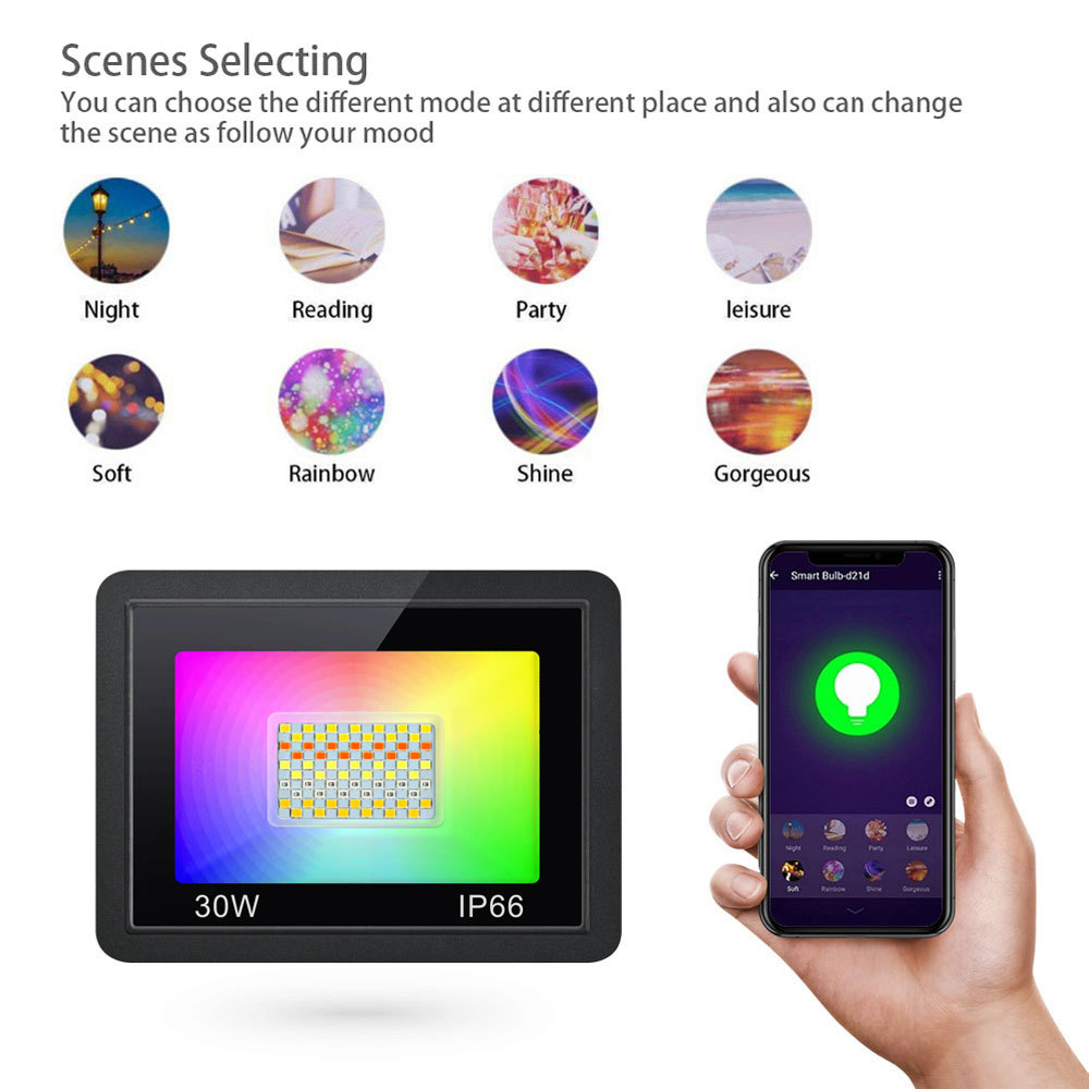 Tuya Smart WiFi LED Floodlight, IP66 Outdoor, 30W RGBCW, Music Sync, Works with Alexa/Google, App Control