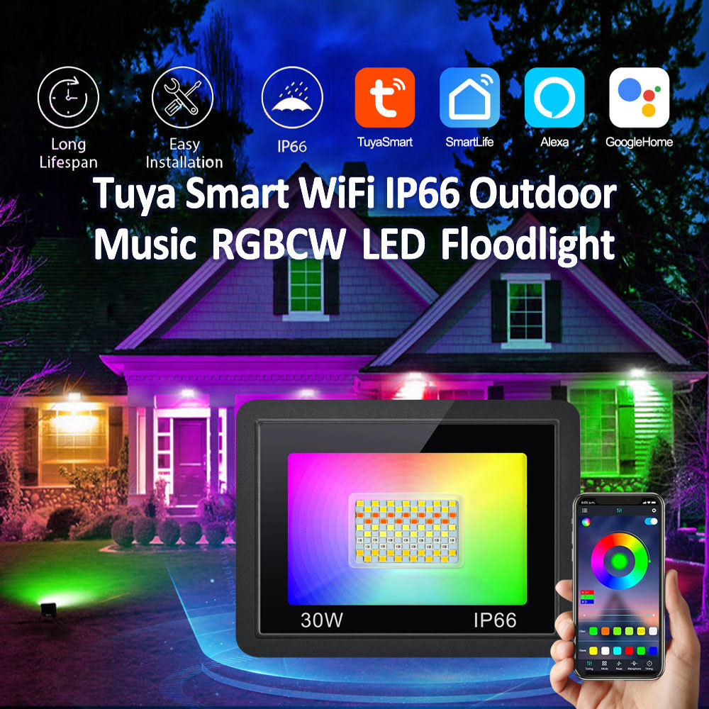 Tuya Smart WiFi LED Floodlight, IP66 Outdoor, 30W RGBCW, Music Sync, Works with Alexa/Google, App Control