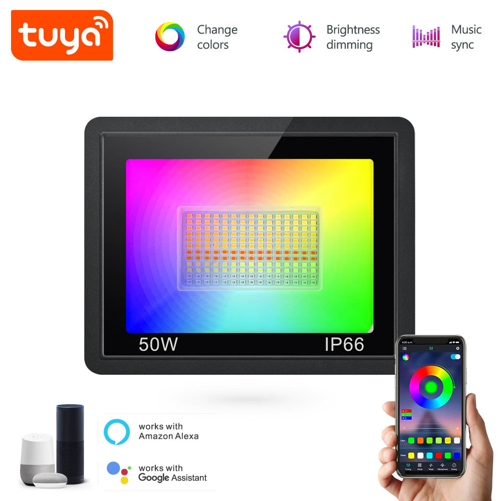 Tuya Smart WiFi LED Floodlight, 50W IP66 Outdoor, RGBCW, Music Sync, Alexa/Google Compatible, App Control