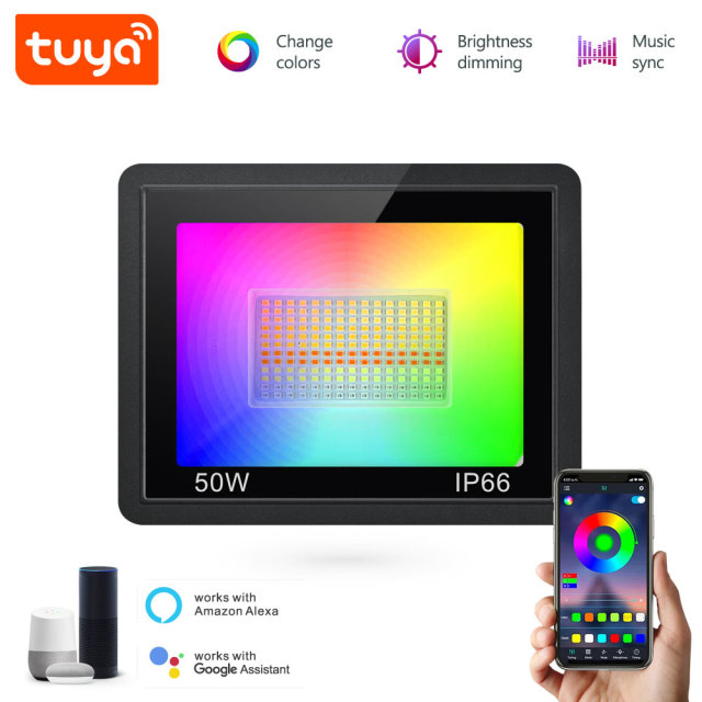 Tuya Smart WiFi LED Floodlight, 50W IP66 Outdoor, RGBCW, Music Sync, Alexa/Google Compatible, App Control