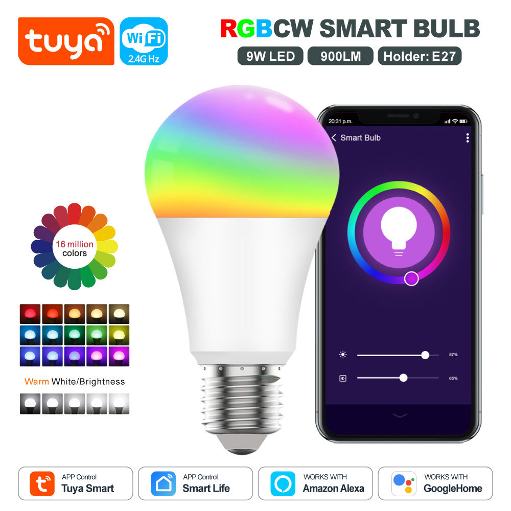Tuya Smart RGBCW WiFi LED Bulb E27, 9W 900LM, Works with Alexa/Google, 16M Colors, Dimmable, Voice & App Control
