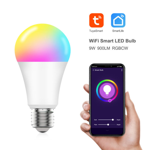 Tuya Smart RGBCW WiFi LED Bulb E27, 9W 900LM, Works with Alexa/Google, 16M Colors, Dimmable, Voice & App Control