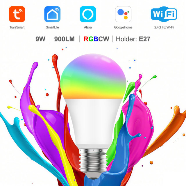 Tuya Smart RGBCW WiFi LED Bulb E27, 9W 900LM, Works with Alexa/Google, 16M Colors, Dimmable, Voice & App Control