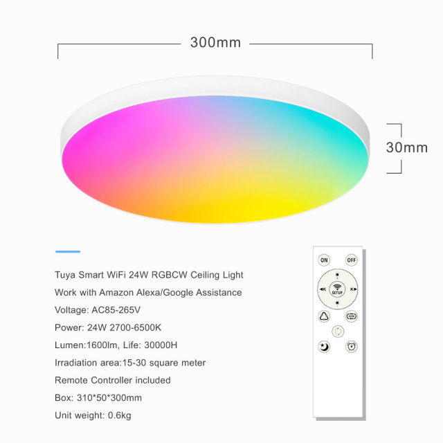 Tuya Smart WiFi RGBCW Ceiling Light 24W - Smart LED Ceiling Lamp with App, Voice Control