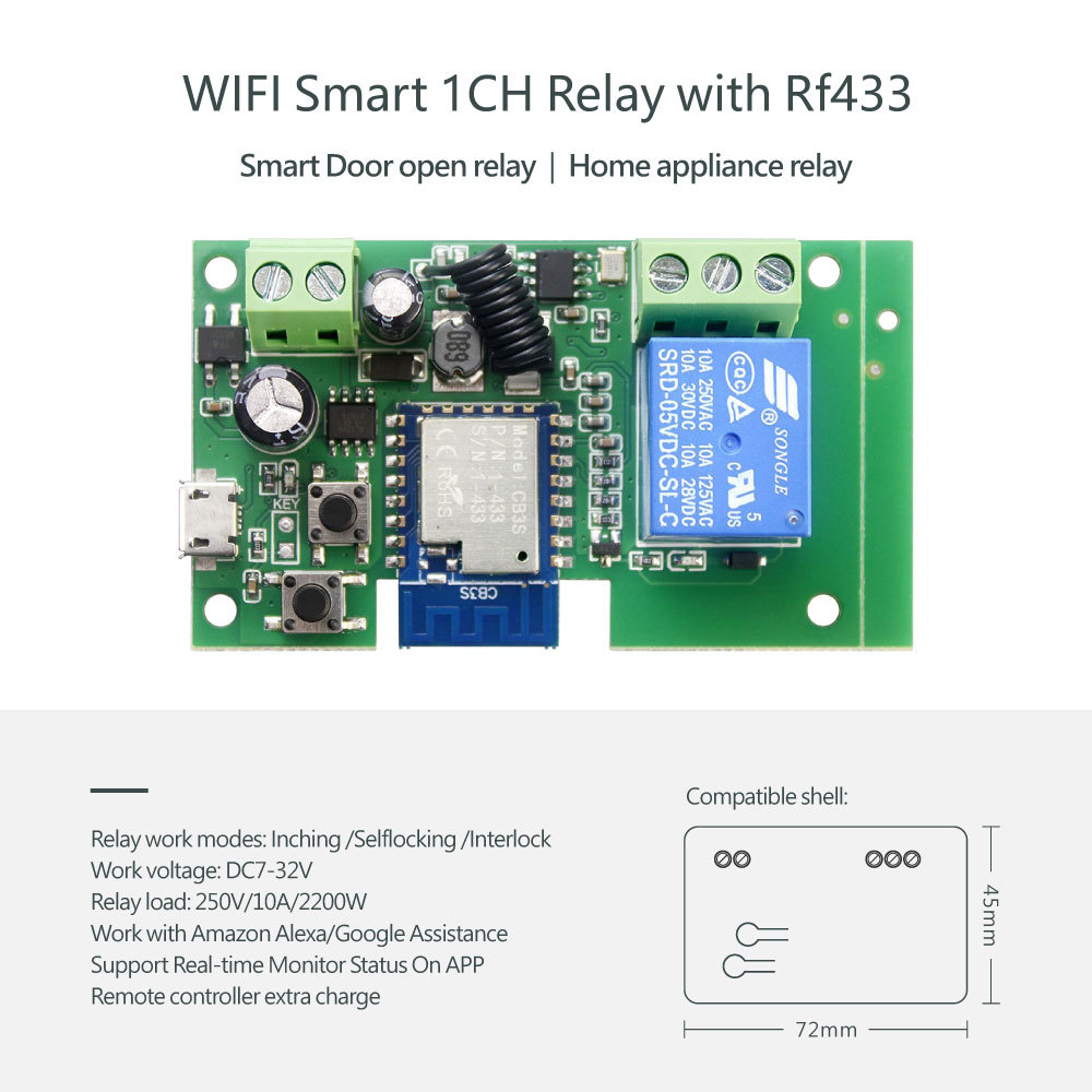 Tuya Smart WiFi 1CH Relay Module - RF433, Voice Control, App-Enabled Smart Relay for Home Automation
