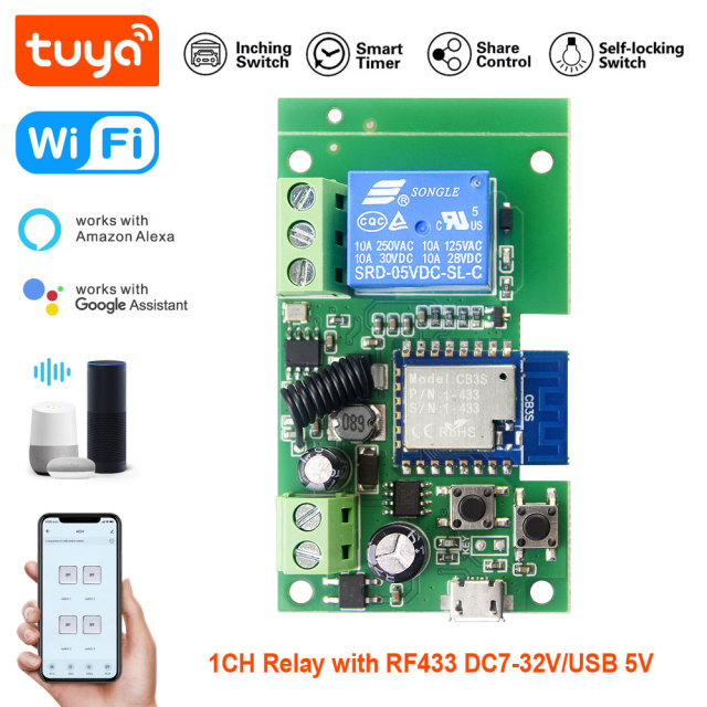 Tuya Smart WiFi 1CH Relay Module - RF433, Voice Control, App-Enabled Smart Relay for Home Automation