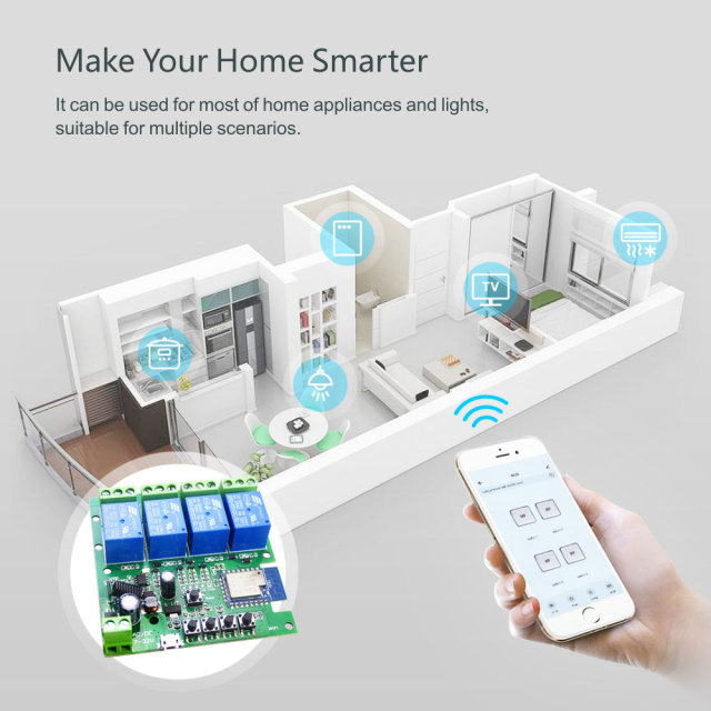 Tuya Smart WiFi 4CH Relay Module with RF433 – Voice Control, App-Enabled for Home Automation