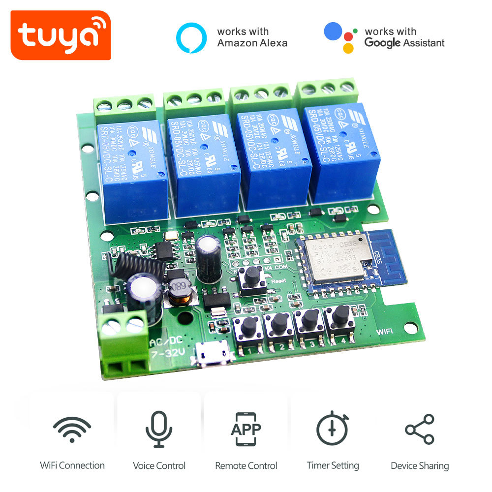 Tuya Smart WiFi 4CH Relay Module with RF433 – Voice Control, App-Enabled for Home Automation
