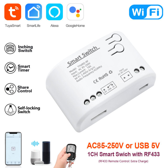 Tuya Smart WiFi 1CH Switch with RF433 – Voice Control, App-Enabled for Home Appliance Automation