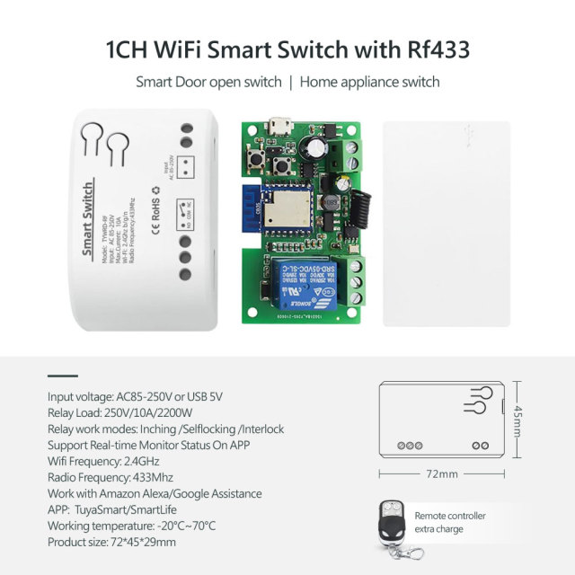 Tuya Smart WiFi 1CH Switch with RF433 – Voice Control, App-Enabled for Home Appliance Automation