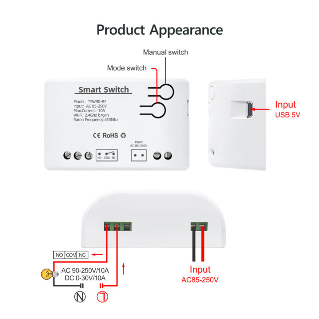 Tuya Smart WiFi 1CH Switch with RF433 – Voice Control, App-Enabled for Home Appliance Automation
