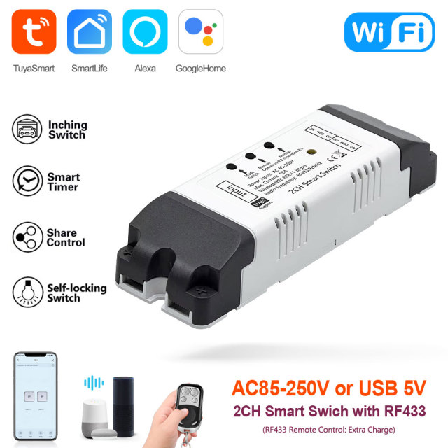 Tuya Smart WiFi 2CH Switch with RF433 – Voice Control, App-Enabled for Home Appliance Automation