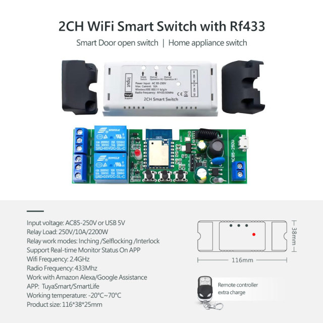 Tuya Smart WiFi 2CH Switch with RF433 – Voice Control, App-Enabled for Home Appliance Automation