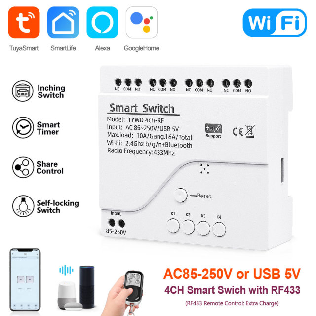 Tuya Smart WiFi 4CH Switch with RF433 – Voice Control, App-Enabled for Home Appliance Automation