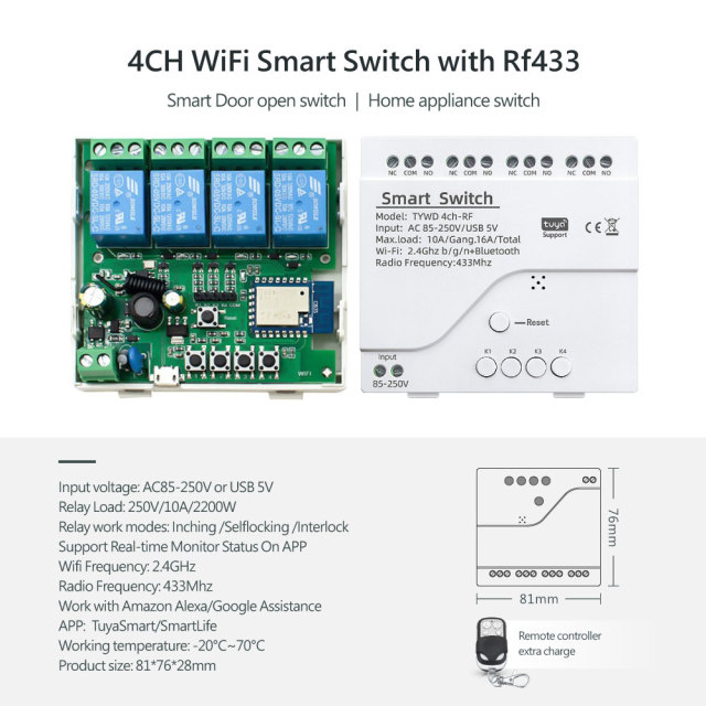 Tuya Smart WiFi 4CH Switch with RF433 – Voice Control, App-Enabled for Home Appliance Automation